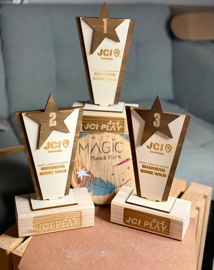 Trofee pentru locurile 1, 2 și 3 la un concurs de tineret